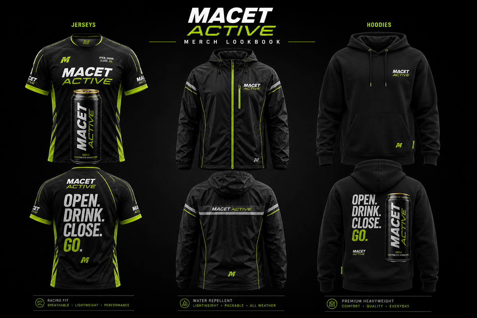 MACET ACTIVE merch lookbook showing jerseys, rain gear, and hoodies